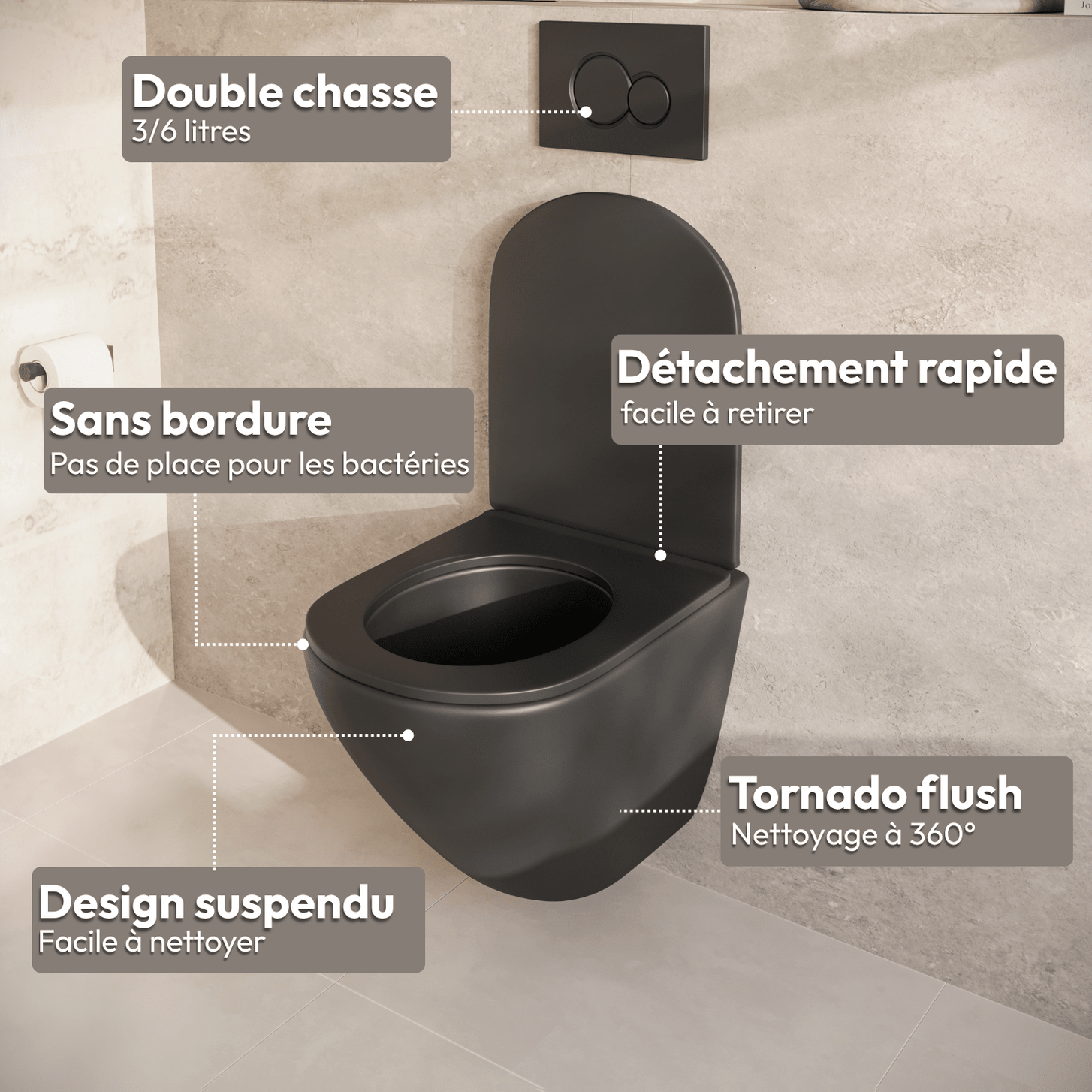Hangtoilet met Inbouwreservoir - Rond Zwart - Drukplaat Vierkant Chroom - Linea - lomazoo.com