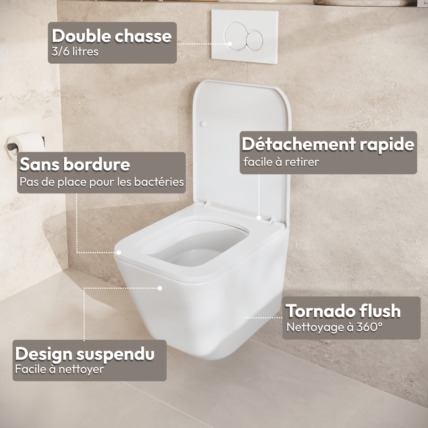 Hangtoilet met Inbouwreservoir - Vierkant Wit - Drukplaat Vierkant Zwart - Linea - lomazoo.com