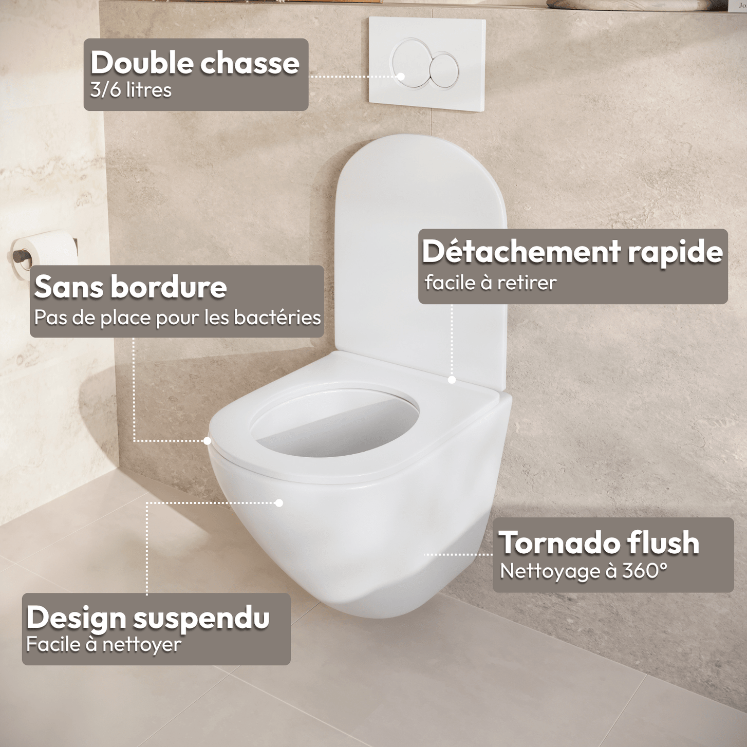 Hangtoilet met Inbouwreservoir - Rond Wit - Drukplaat Vierkant Chroom - Linea - lomazoo.com
