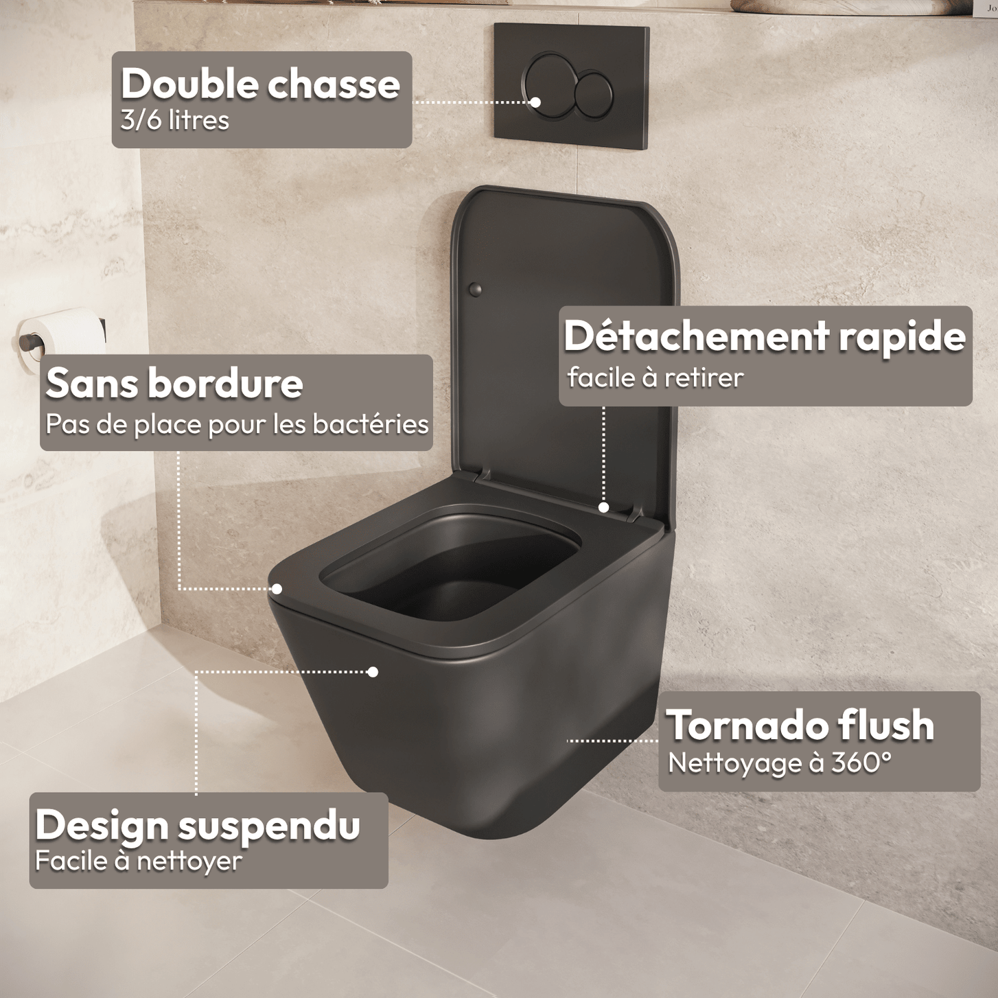 Hangtoilet met Inbouwreservoir - Vierkant Zwart - Drukplaat Vierkant Wit - Linea - lomazoo.com