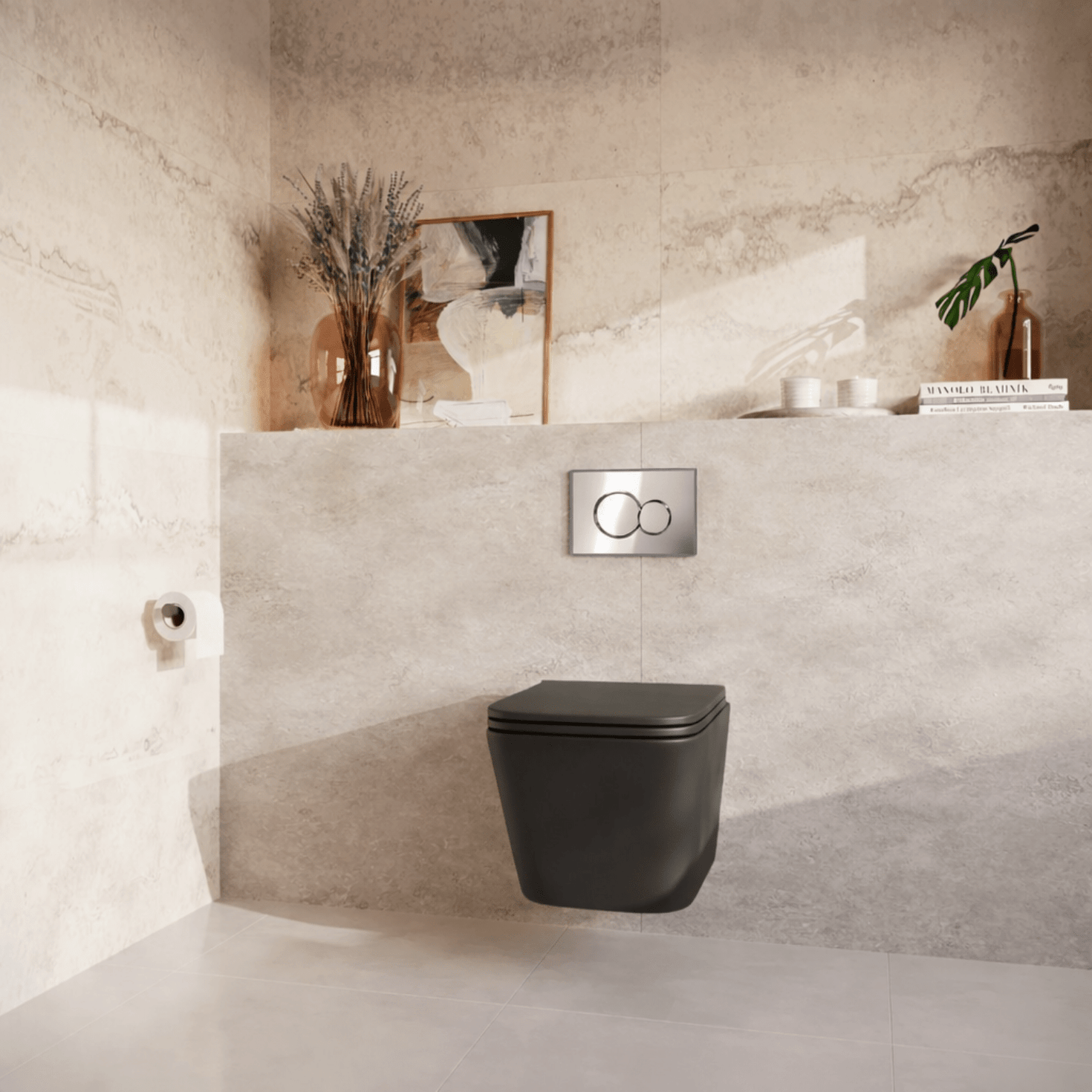 Hangtoilet met Inbouwreservoir - Vierkant Zwart - Drukplaat Rond Chroom - Linea - lomazoo.com