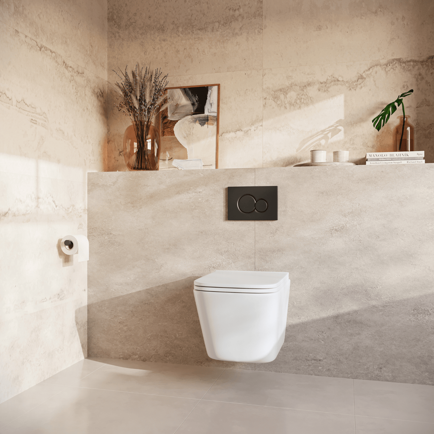 Hangtoilet met Inbouwreservoir - Vierkant Wit - Drukplaat Rond Zwart - Linea - lomazoo.com