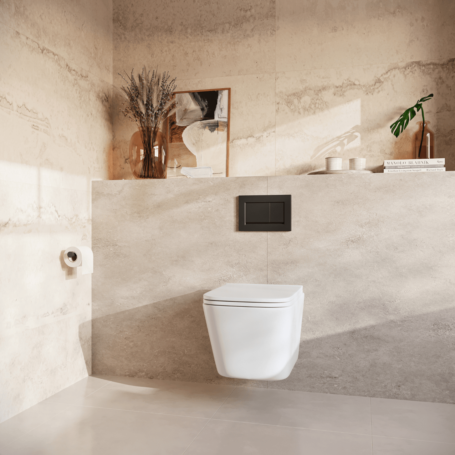 Hangtoilet met Inbouwreservoir - Vierkant Wit - Drukplaat Vierkant Zwart - Linea - lomazoo.com