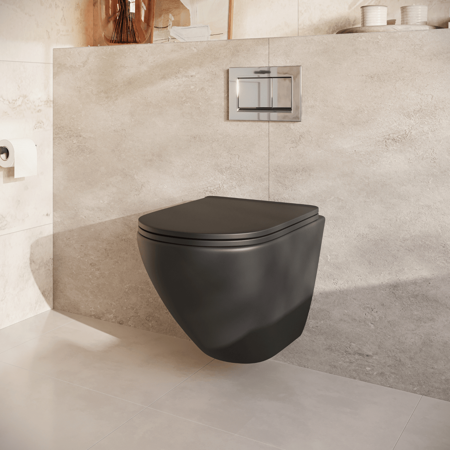 Hangtoilet met Inbouwreservoir - Rond Zwart - Drukplaat Vierkant Chroom - Linea - lomazoo.com