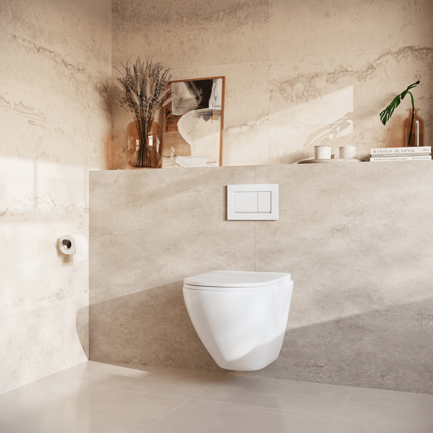 Hangtoilet met Inbouwreservoir - Rond Wit - Drukplaat Vierkant Wit - Linea - lomazoo.com