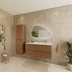 Ensemble meuble de salle de bain VERONA 100 cm - Avec colonne - Chêne chaud - Lavabo blanc