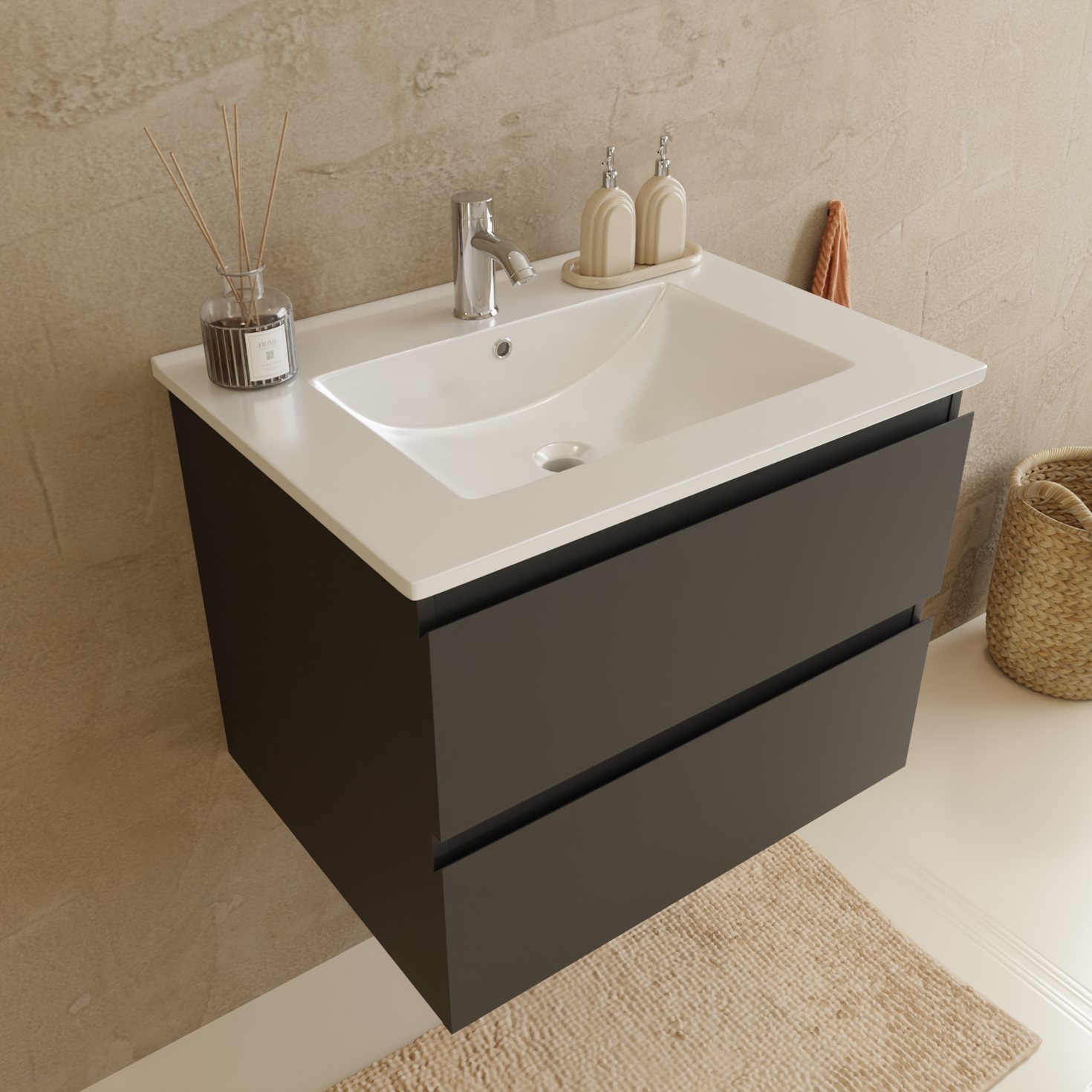 Ensemble meuble de salle de bain VERONA 60 cm - Avec colonne - Noir mat - Lavabo blanc