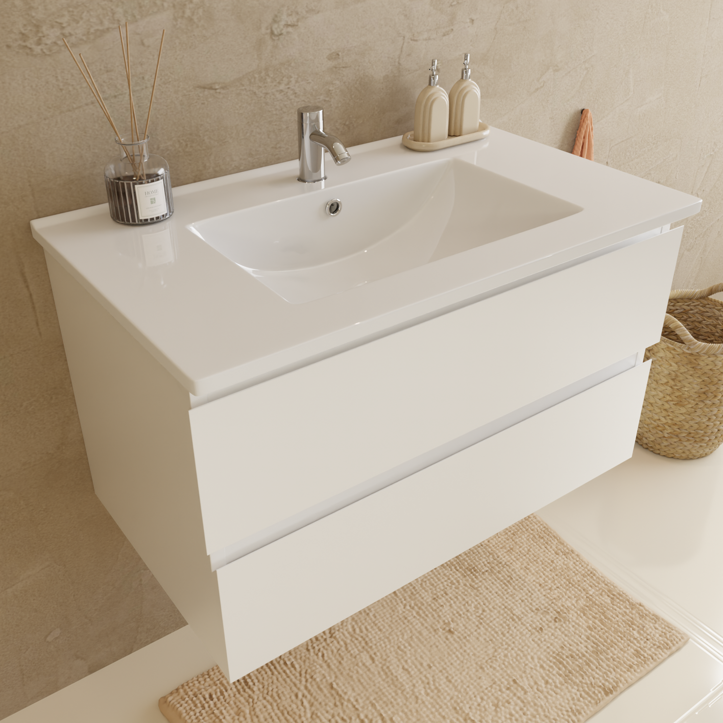 Ensemble meuble de salle de bain VERONA 80 cm - Avec colonne - Blanc brillant - Lavabo blanc
