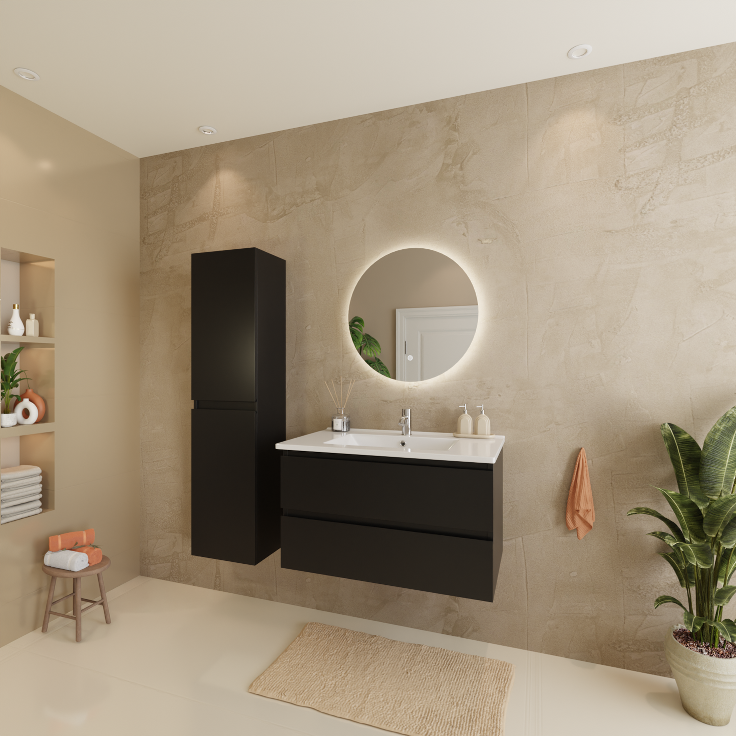 Ensemble meuble de salle de bain VERONA 80 cm - Avec colonne - Noir mat - Lavabo blanc